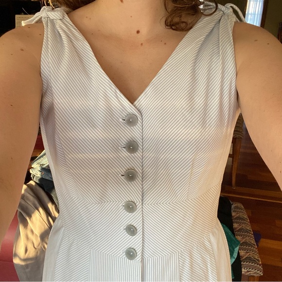 Vintage Y2K Blue Pinstripe Fitted Bodice Button-Up Sleeveless Summer Dress - Picture 6 of 15